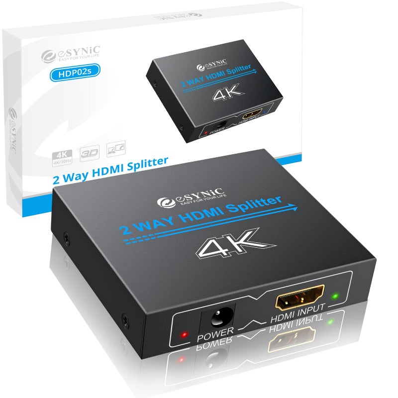 eSynic Portable 4K/30HZ HDMI Splitter Plug&Play 2 Way HDMI Splitter 1 in 2 Out [Only Mirror No Extend Mode] Support HDMI 1.4 Version With Metal Shell for HDTV PS4 Blu-ray Player Laptop Gaming Consoles - Image 1